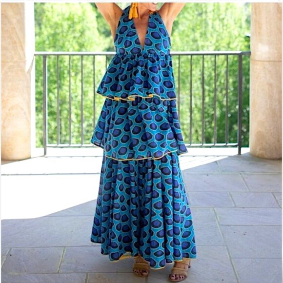 Rhode Leela tiered multicolor geo abstract artsy romantic midi dress women S NWT